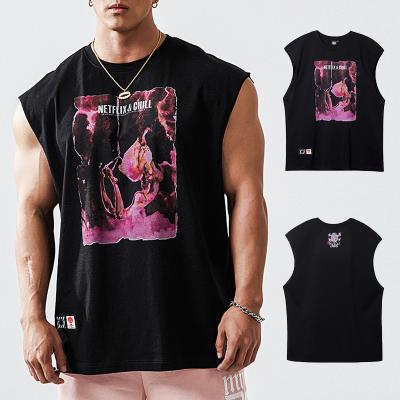 China Custom Viable Fitness Sports Simply Color Graphic Sleeveless Gym Printing Oversized Black T-Shirt for sale