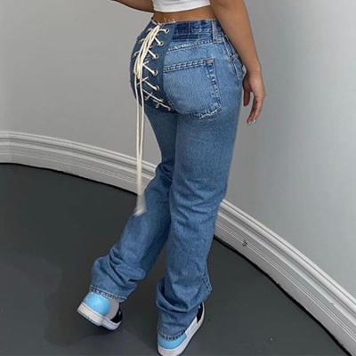 China QUICK DRY slim women casual jeans plus size string bottoms women jeans denim fabric destroyed hollow jeans for sale