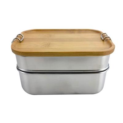 China Eco-friendly Sustainable Stainless Steel Lunch Box Double Layer Leakproof Food Grade With Bamboo Lid With Buckle Lunch Box for sale