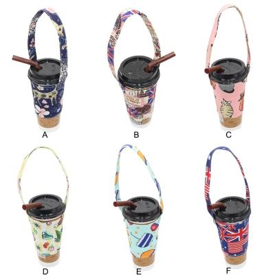 China Eco-friendly Drinks Cup Hanging Tote Storage Milk Tea Coffee Green Mug Cover Cartoon Canvas Holder Packaging Bag for sale