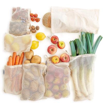 China Shopping Reusable Produce Bags Natural Mesh Zero Waste Organic Cotton Mesh Produce Vegetable Tote Washable Drawstring Grocery Bag for sale