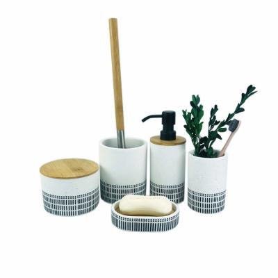 China Sustainable Design Luxury Cement And Wood Bathroom Accessories Sets 5 Piece Hotel Gift Home Bathroom Sets for sale