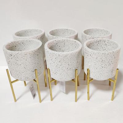 China Eco-Freindly Factory Price Modern Terrazzo Flower Pot With Metal Rack Potted Plant Planter for sale