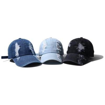 China JOINT Baseball Caps Holey Vintage Washed Distressed Hat Fashion Sports Denim Hats Plain Mens Dad Hats for sale