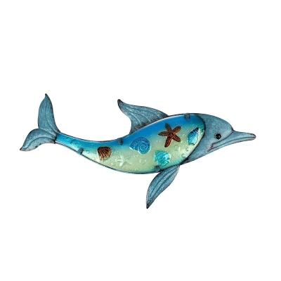 China USA Metal Dolphon Wall Decor 34inch Handcrafted Glass Wall Hanging Art Fish Sculpture For Home, Pool Or Bathroom for sale