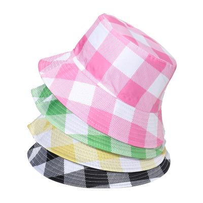 China PORT Cotton Checked Print Bucket Hat Summer Travel Beach Sun Hat Outdoor Unisex Fisherman Cap for sale