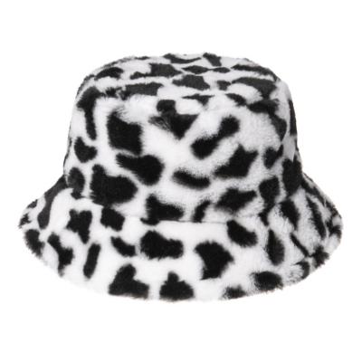 China Foldable Fancy Design Women's Faux Fur Bucket Hat With Cash Cow Design Animal Print Fluffy Winter Fisherman Warmer Hat for sale