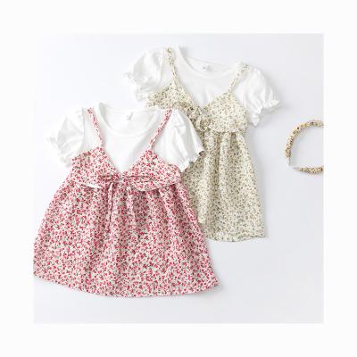 China Korean Girls Short Dresses Sleeve Bow Anti-wrinkle Chiffon Dress Fashion Skirt Set T-shirt Skirt Set T-shirt Baby Two-Piece Baby Clothes for sale