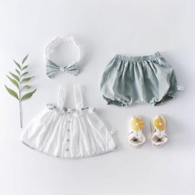 China New Breathable Baby Button Suspender Sleeveless Top + Bloomers + Headband Three-Piece Suit For Babies Baby Skirt for sale