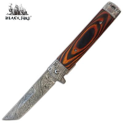 China Damask Pattern Engraving Assisted Opening Knife With Damask Pattern Engraving Blade And Wooden Handle For Outdoor Hunting And Camping for sale