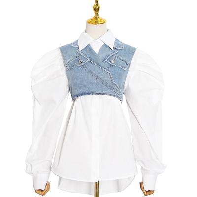 China QUICK DRY Stylish Two Piece Set For Women Sleeveless Lapel Puff Sleeve Shirt Denim Cross Coat for sale