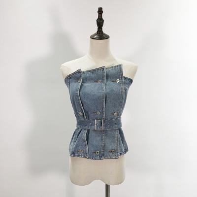 China European And American Fashion Anti-Shrink Off Shoulder Wrapped Chest Women'S Denim Tops Belt Sleeveless Top for sale