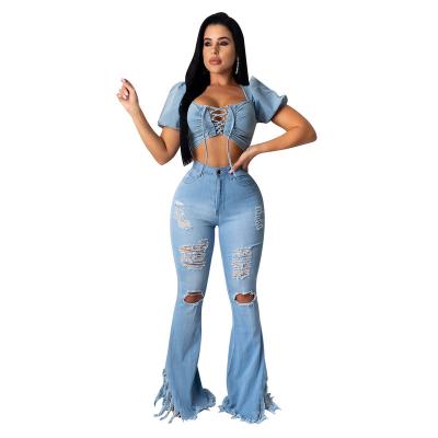 China Color Fade Proof Streetwear Flared Trousers Plus Size Horn Bell Bottom Ripped Denim Pants Women Jeans for sale