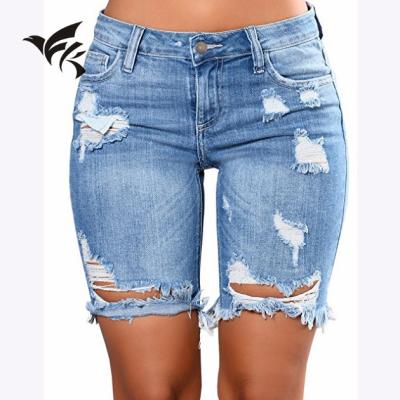 China 2020 Summer Fashion Casual High Waisted Stretchy Blue Anti-Wrinkle Ripped Sexy Denim Women's Ripped Lattice Shorts Ladies Jeans for sale