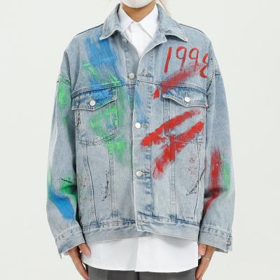 China 2021 New Drop Vintage Graffiti Windproof Denim Jacket Loose Denim Jacket for sale