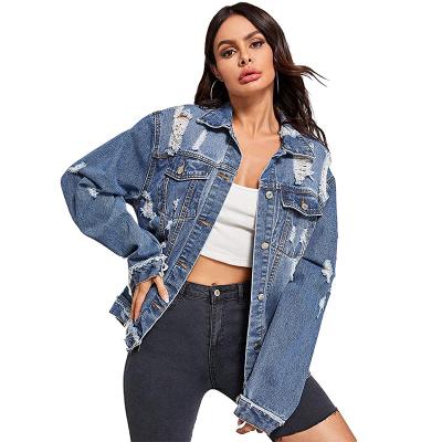 China 2021 Spring Fashion Lady Ripped Denim Coat Breathable Custom Boyfriend Plus Size Distressed Women Jeans Jacket for sale