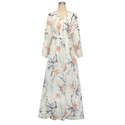 China Women's White Print Long Skirt Summer Women's Casual Viable Round Neck Chiffon Long Sleeve Party Evening Dress for sale