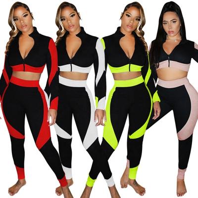 China Breathable Knit Ribbed Yoga Set For Women Color Block Pants Set Two Piece Sportswear for sale