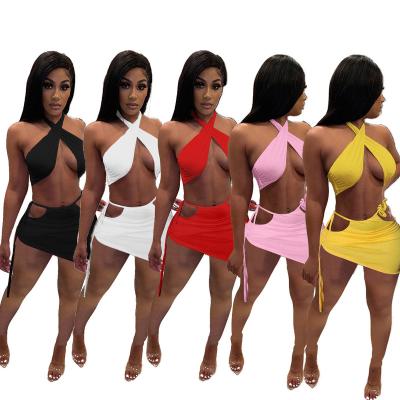 China 2021 New Arrival Summer Women Casual Wear Outfits Bodycon Breathable Sexy Ladies Dress Girls Club Wrap Two Piece Short Set Skirt for sale