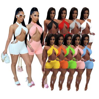 China 2021 Summer Women Solid Color Breathable Casual Crop Halter Top Bandage Cavity Shorts Nightclub Sexy Set Shorts Two Piece Set for sale