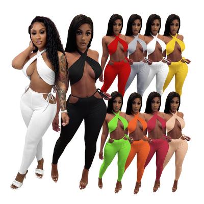 China 2022 Summer High Quality Women's Anti-Wrinkle Backless Casual Club Neck Hanging Crop Tops Pants And Trousers Set Women Two Piece Sets for sale