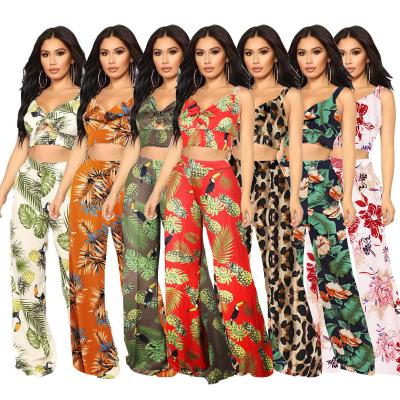 China 2022 Women Breathable Fashionable Two Piece Set Clothing Boho Wide Leg Pants Suspender Sexy Crop Top Two Piece Set for sale