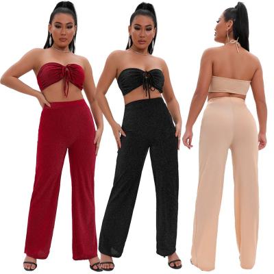 China Wholesale High Quality Breathable Silk Bandage Strapless Strapless Top Wide Leg Sparkle Pants Women's Clothing Pants Two Piece Set for sale