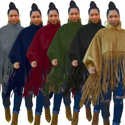 China Plus Size Fashion Plus Size Women Clothing Fringe Women Poncho Shawl Poncho Top Cape With Sleeves Turtleneck Tassel for sale