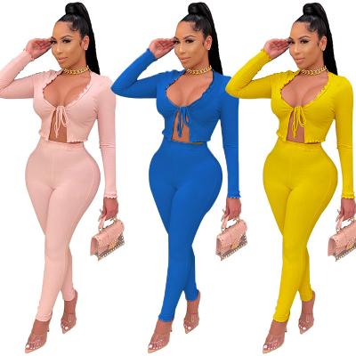 China 2021 QUICK DRY women's fashion sexy sweat sets solid color cardigan bandage with pants slim ladies autumn two-piece sets for sale