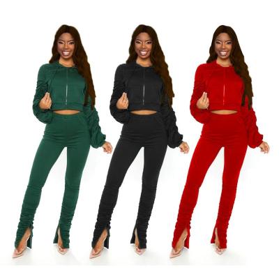 China New Arrival Sexy Ruched QUICK DRY Long Sleeve Split Edge Pants Casual Autumn Split Two Piece Set for sale