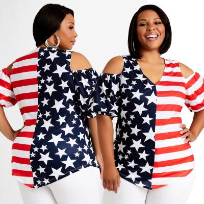 China 2022 Hot Sale Fashion Anti-pilling Nation American Flag Shortsleeve Plus Size Printed Patchwork Dew Casual Shoulder Loose T-shirt For Women for sale