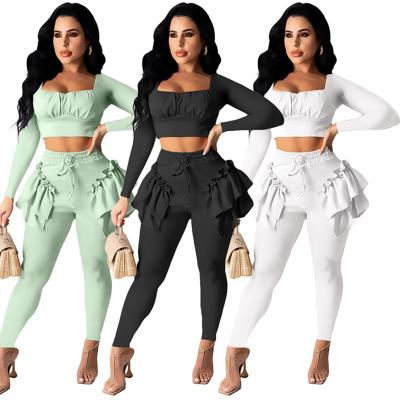 China 2022 Autumn New High Quality Solid Color Ruffle QUICK DRY Pants Long Sheath Crop Top Two Piece Sets for sale