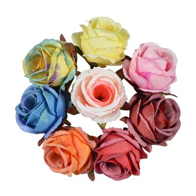 China Home Office Silk Rose Head With Leaf For Retro Small Artificial Flower Silk Petal Wedding Christmas Wedding Tables Decorations for sale