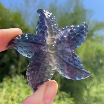 China Wholesale Europe Natural Crystal Starfish Rainbow Fluorite Hand Carved Crystal Crafts Starfish Carving for sale