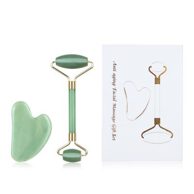 China Customized face lift private label jade roller gua sha set 100% natural face lifting roller facial massager with gashua for sale