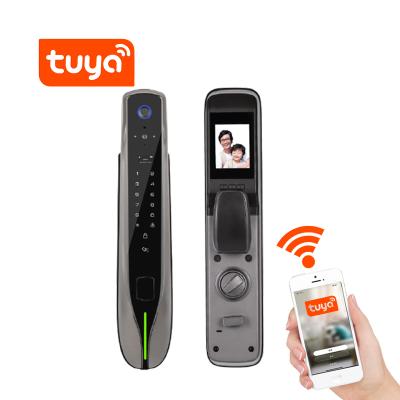 China Smart Multifunctional Keyless Entry Fingerprint Code Lock TUYA Digital Touch Screen Door Lock With Handle for sale