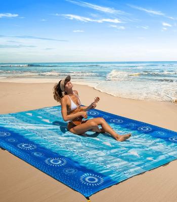 China Outdoor Camping Hiking Sand Proof 10' X 9' Sand Free Waterproof Light Blue Soft Material Covering Durable Poly Easy To Carry Beach Mat For Picnic Beach for sale