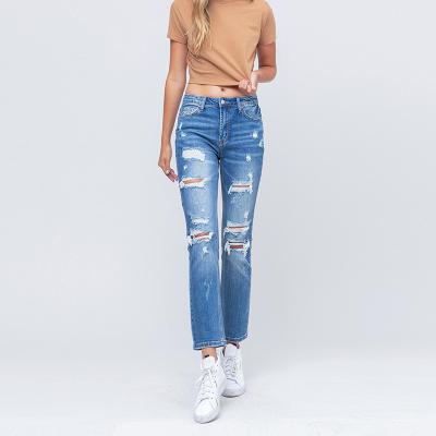 China Breathable 100% cotton zipper fly jeans women bootcut ripped destroyed straight slim fit women jeans with pockets for sale