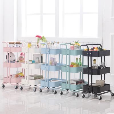 China Morden PINPINFAMILY 3 Tier Metal Mesh Rolling Storage Cart Utility Trolley Bathroom Organizer Rack Cart With Armrest for sale