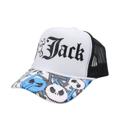 China COMMON Custom Logo Trucker Net Hat Cartoon Skull Printed Sponge Baseball Cap With Net Shade Cap for sale