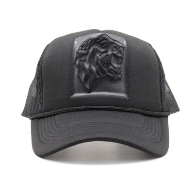 China COMMON High Top Five Sponge Truck Driver Hat Tiger Head Embossed Craft Mesh Hat Alphabet Baseball Cap For Men for sale