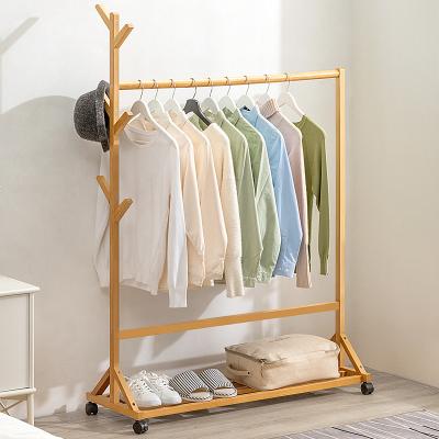 China Hot Selling Multifunctional Natural Bamboo Rack Coat Rack Hook Shelf Garment Rack Clothes Storage Rack for sale