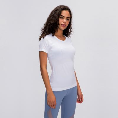 China Premium Seamless Elastic Scoop Neck Anti-Wrinkle Women Soft T-shirt Yoga Gym Wear Tight Tops for sale