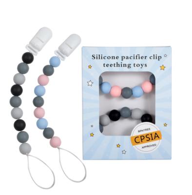 China Wholesale BPA Free Gift Packing Pearl Teether Silicone Beads Baby Pacifier Clip 11X2.5X14cm for sale