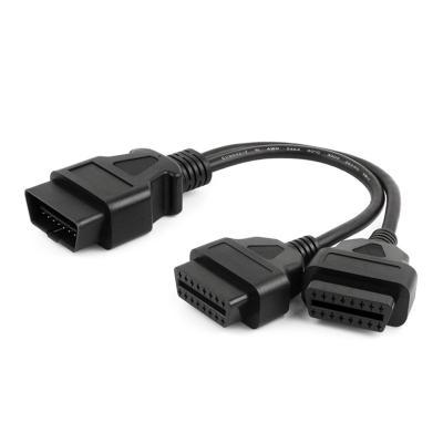 China Universal Quality 30CM OBD2 16 Pin Cable Extension A+++ Male Splitter to Dual Female Y Connector Adapter OBD 16 Pin Cable 1-2 OBD for sale