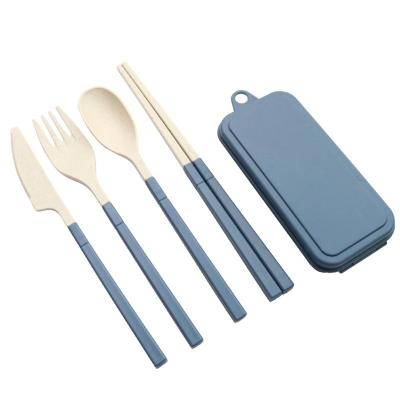 China 4Pcs Wheat Straw Knife Fork Spoon Chopsticks Set Travel Viable Cutlery Dinnerware Set Portable Eco-friendly Tableware With Utensil Box for sale