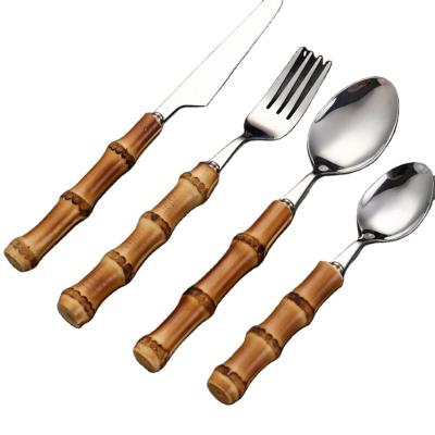 China Sustainable Unique Wholesale Products 100% Natural Wooden Handle Stainless Steel Bamboo Cutlery Set Silver Cutlery Set for sale