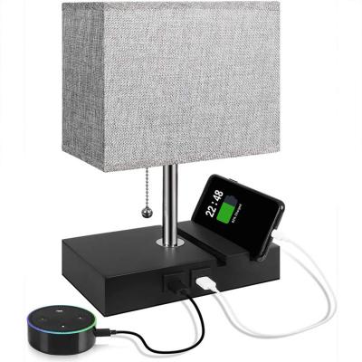 China Modern Bedroom Design Built In USB Charging Ports Phone Holder Nightstand Lamps Gray Fabric Lampshade Set Of 2 for sale