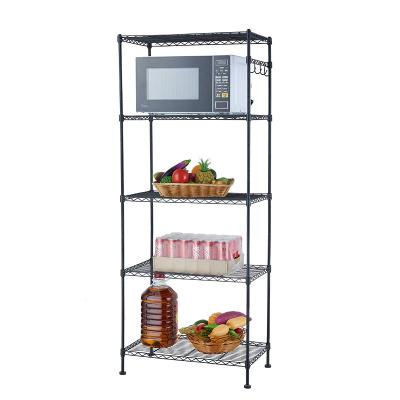 China Workable Factory Direct Sale 5 Tiers Wire Black Rack Holder Kitchen Utensil Shelf Rack With Hooks Metal Storage Containers for sale