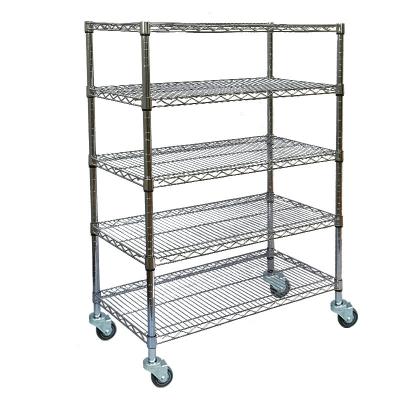 China Sustainable Chrome Wire Shelving With Wheels Stainless Steel Shelves 5 Tiers Display Stand Workshop Household Storage Spare Cart for sale